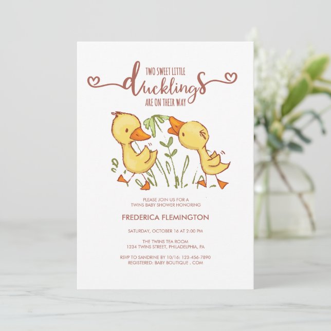 Invitación Ducklings Twins Baby Shower (Anverso de pie)