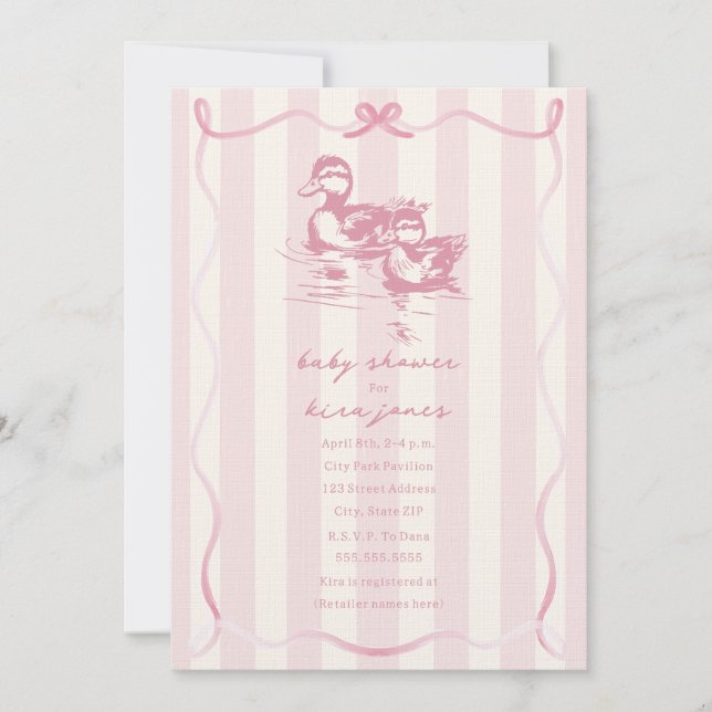 Invitación Ducks Woodland Bow Doodle Pink Baby Shower (Anverso)