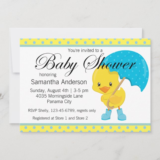 Invitación Ducky con el Baby Shower del paraguas (Anverso)