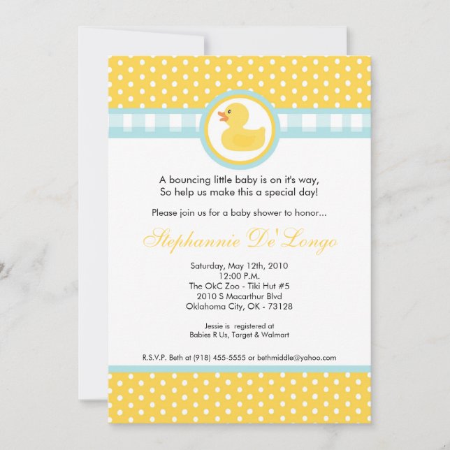 invitación Ducky de goma amarilla de 5x7 Baby (Anverso)
