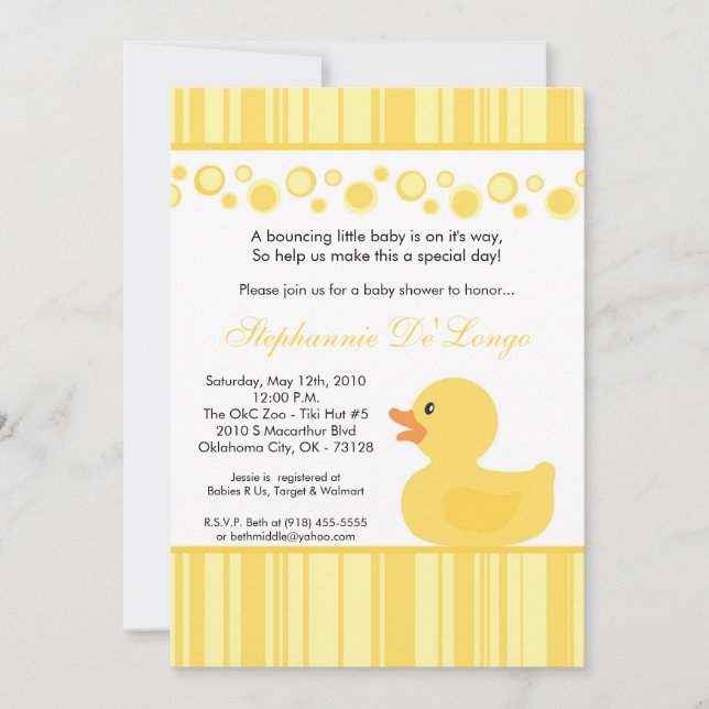 invitación Ducky de goma amarilla de 5x7 Baby (Anverso)
