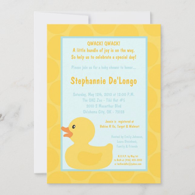 invitación Ducky de goma amarilla de 5x7 Duc Baby (Anverso)