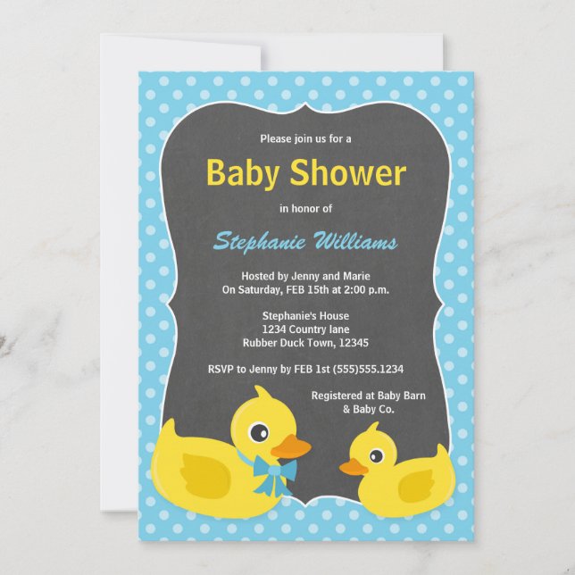 Invitación Ducky de goma de Baby Shower azul y (Anverso)