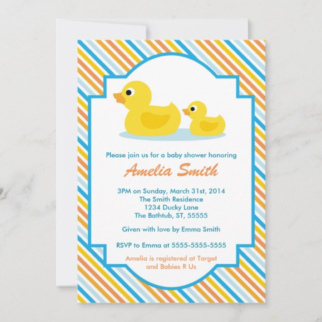 Invitación Ducky de goma de Baby Shower - unisex, (Anverso)