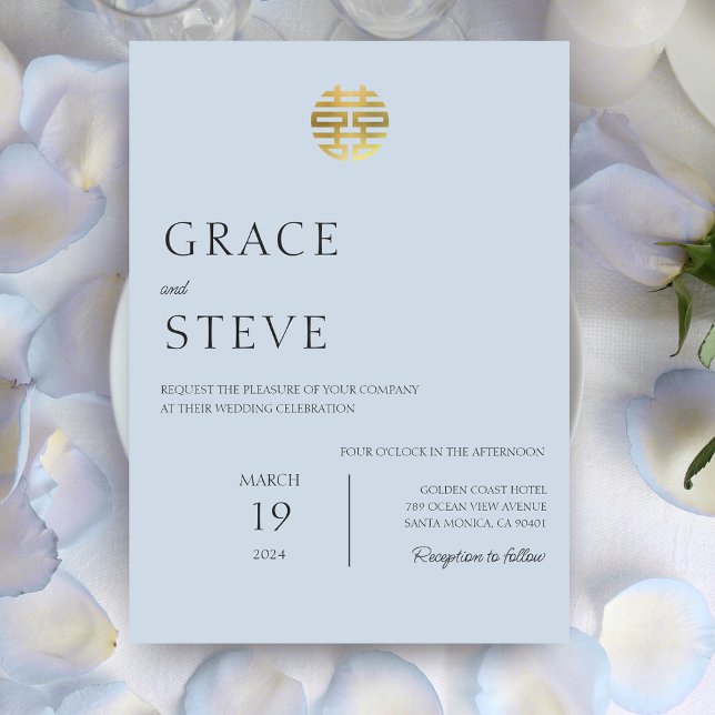 Invitación Dudosa felicidad doble azul Boda coreano chino (Dusty Blue Double Happiness Chinese Korean Wedding Invitation)