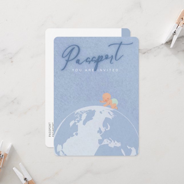 Invitación Dudoso pasaporte azul de viaje niño ducha de bebé (Anverso/Reverso In Situ)