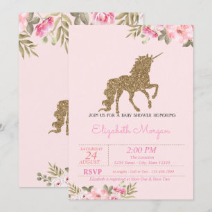 Invitación Duende de Purpurina Dorada  Baby Shower Floral