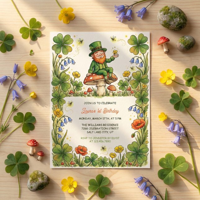 Invitación Duende de San Patricio Cumpleaños 1er Cumpleaños V (Watercolor St. Patrick's Day Themed 1st Birthday Invitation Card)
