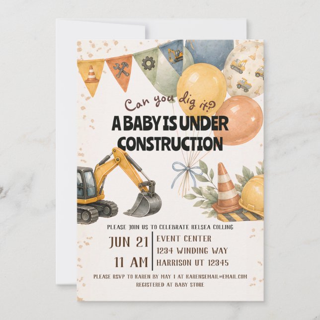 Invitación Duérmete Bajo Construcción Fiesta de Bebé (Anverso)