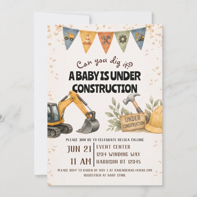 Invitación Duérmete Bajo Construcción Shower de Bebé (Anverso)