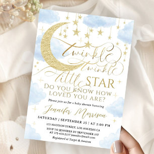 Invitación Duérmete Estrellita Fiesta de Bebé Niño Azul Dorad