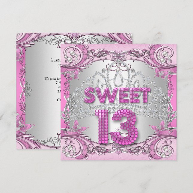 Invitación Dulce 13 13ª fiesta de cumpleaños Tiara de plata r (Anverso / Reverso)