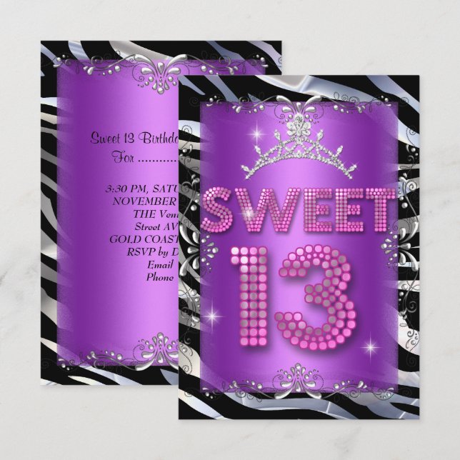 Invitación Dulce 13 13º cumpleaños cebra morada rosada (Anverso / Reverso)