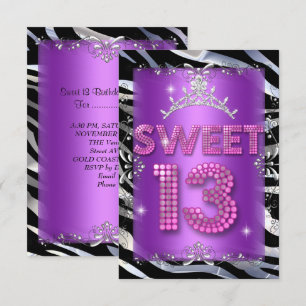 Invitación Dulce 13 13º cumpleaños cebra morada rosada