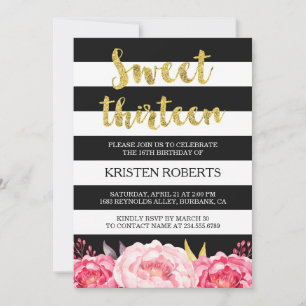 Invitación Dulce 13 años Floral Oro Dorado Bandas Blancas Neg