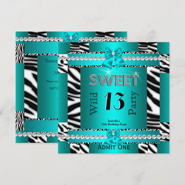 Invitación Dulce 13 Fiesta divertido Zebra Verde azulado Blue (Anverso / Reverso)