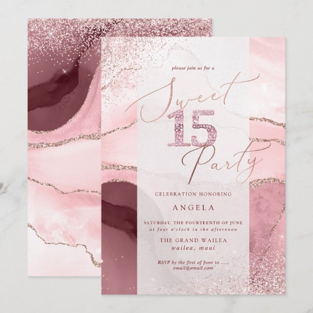 Invitación Dulce 15 Agate de acuarela de Purpurinas de diaman (Anverso / Reverso)