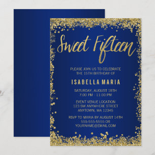 Invitación Dulce 15 Purpurina de Oro Azul Quinceanera Cumplea