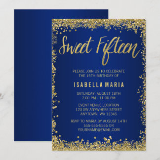 Invitación Dulce 15 Purpurina de Oro Azul Quinceanera Cumplea