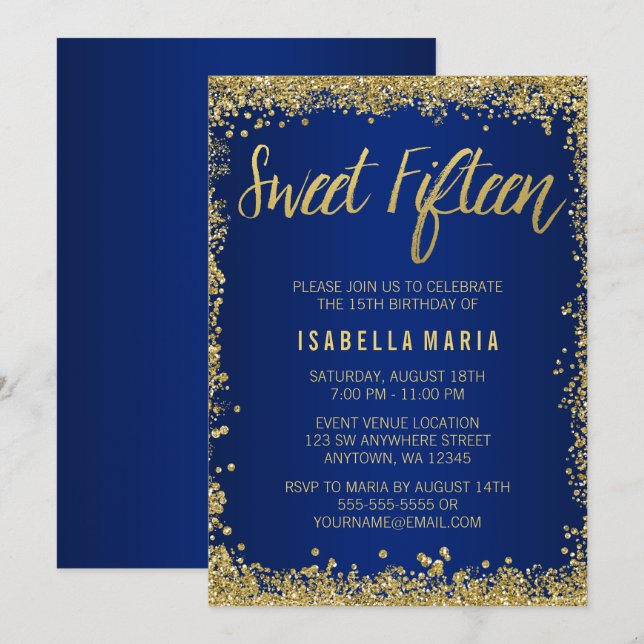 Invitación Dulce 15 Purpurina de Oro Azul Quinceanera Cumplea (Anverso / Reverso)