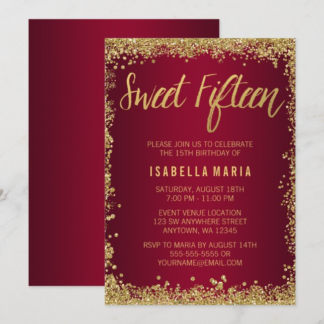 Invitación Dulce 15 Purpurina de oro de Borgoña Quinceanera (Anverso / Reverso)