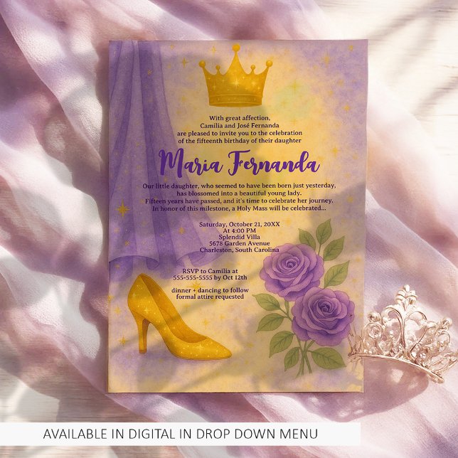 Invitación Dulce 15 Royal Quinceañera Dorado Crown Purple Ves (Subido por el creador)