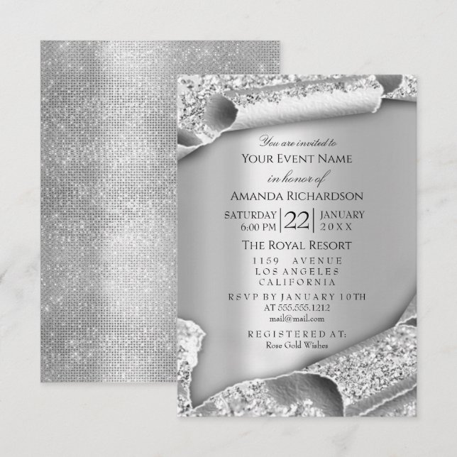 Invitación Dulce 16ª Boda de novia 3D Rosa Plata (Anverso / Reverso)