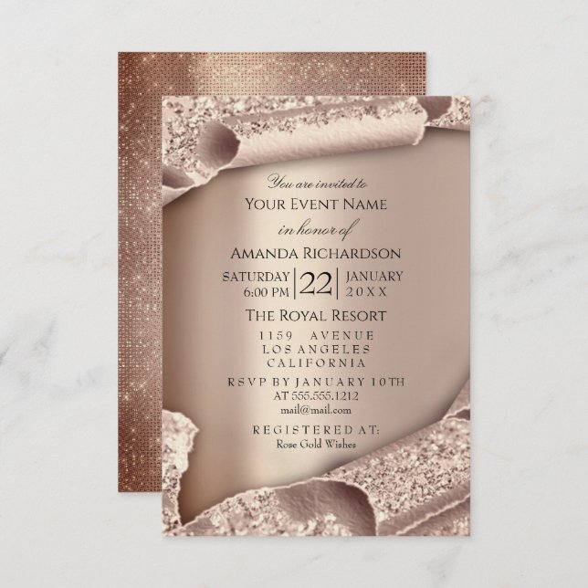 Invitación Dulce 16ª Boda de Novias Rosa Oro 3D (Anverso / Reverso)