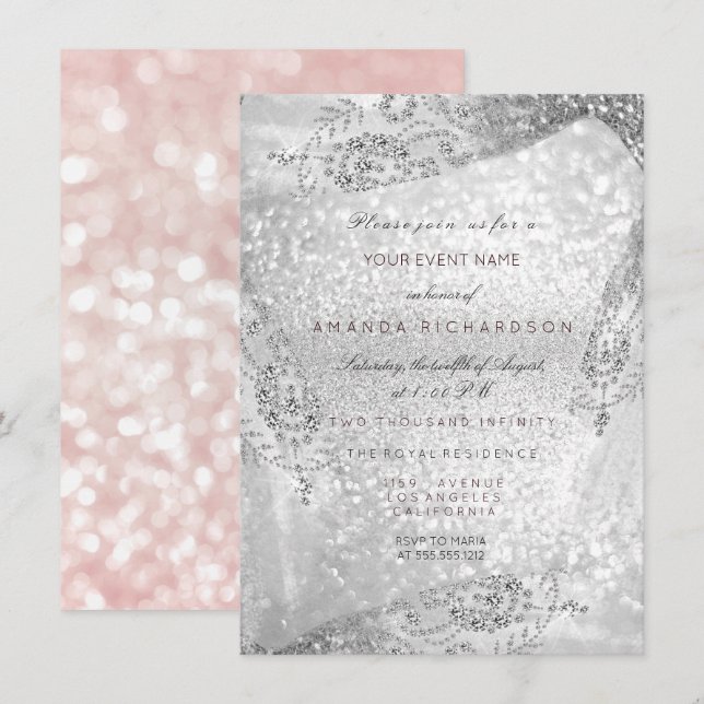 Invitación Dulce 16ª Bridal Vestido de Diamante Gris Rosa (Anverso / Reverso)