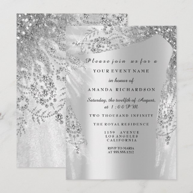 Invitación Dulce 16ª Ducha Bridal Plata Diamante Gris Real (Anverso / Reverso)