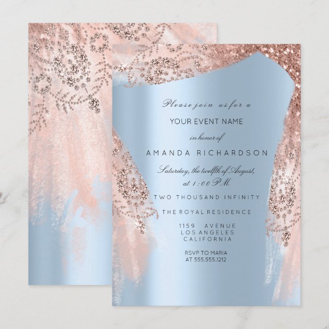 Invitación Dulce 16ª ducha de novia Plata Vestido azul real (Anverso / Reverso)