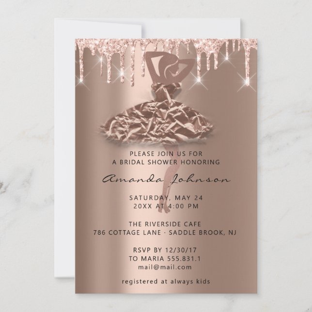 Invitación Dulce 16ª ducha de novia princesa goteo de Rosa (Anverso)
