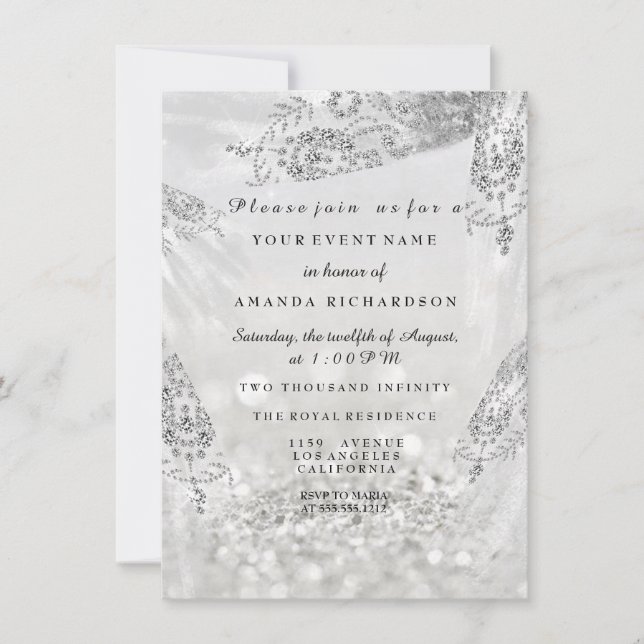 Invitación Dulce 16ª ducha de novia Vestido de plata gris rea (Anverso)