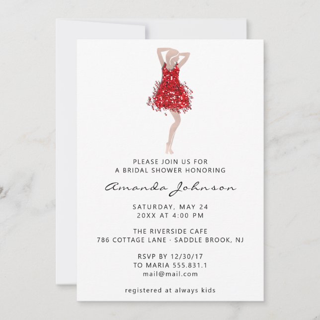 Invitación Dulce 16ª ducha de novia Vestido rojo blanco (Anverso)