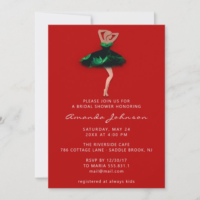 Invitación Dulce 16ª ducha de novia Vestido verde rojo (Anverso)