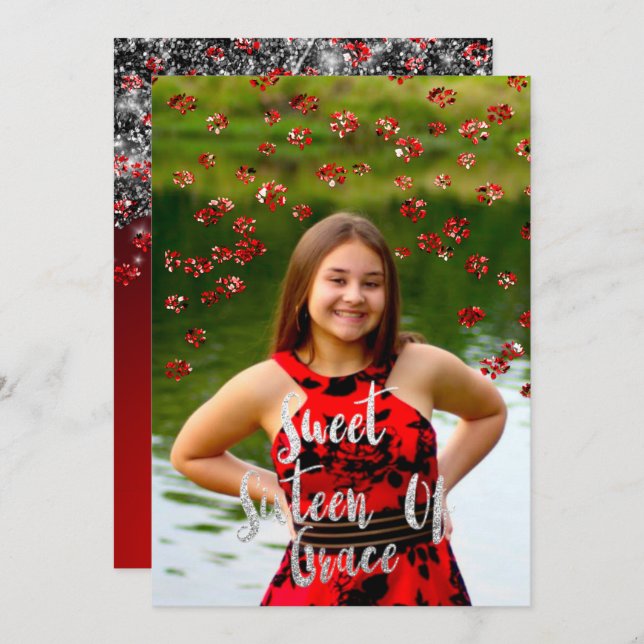 Invitación Dulce 16ª Elisabeth Gris Rojo Perforaciones de Pla (Anverso / Reverso)