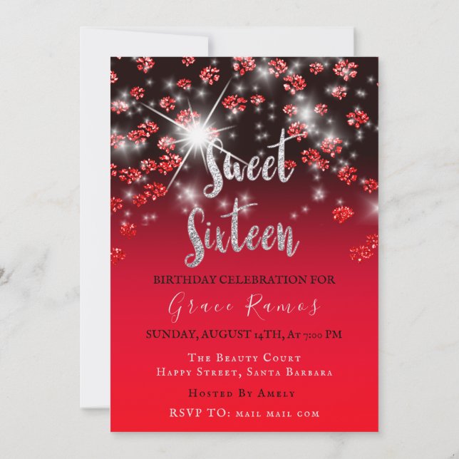 Invitación Dulce 16ª Elisabeth Plata Gris Rojo Foto De Ombre (Reverso)