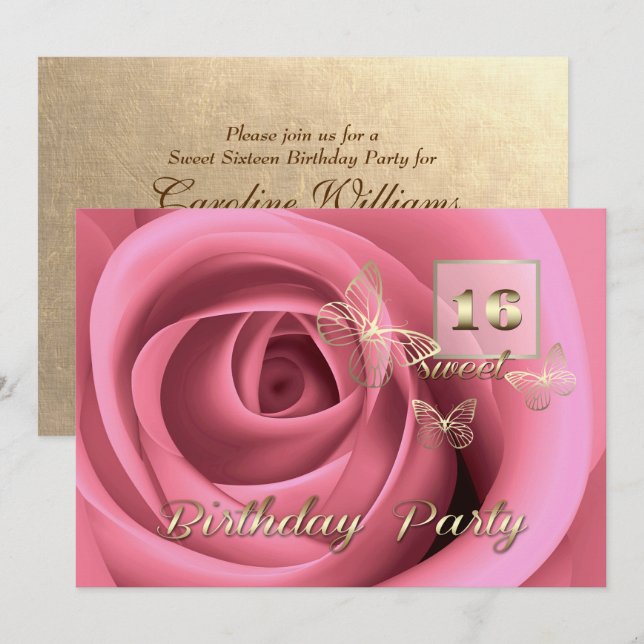 Invitación Dulce 16ª fiesta de cumpleaños de rosa (Anverso / Reverso)