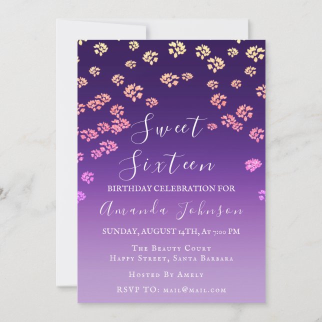Invitación Dulce 16ª Flor Real Ombre Púrpura Foto (Reverso)