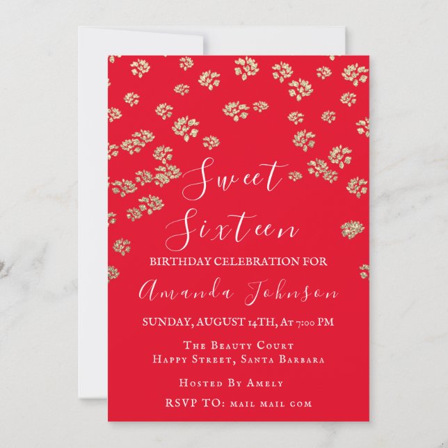 Invitación Dulce 16ª Flor Red Gold Photo Confetti Spark (Reverso)