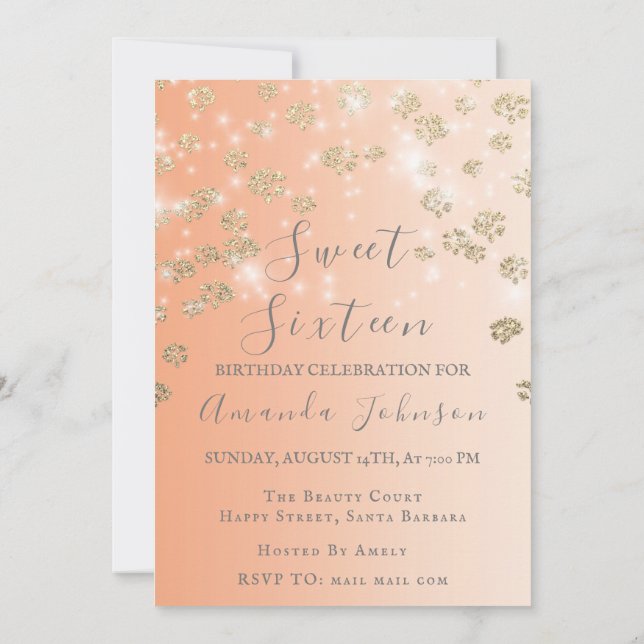 Invitación Dulce 16ª Flores De Peach Oro Ombre Foto Gris (Reverso)