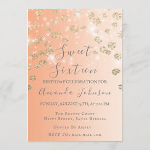 Invitación Dulce 16ª Flores De Peach Oro Ombre Foto Gris