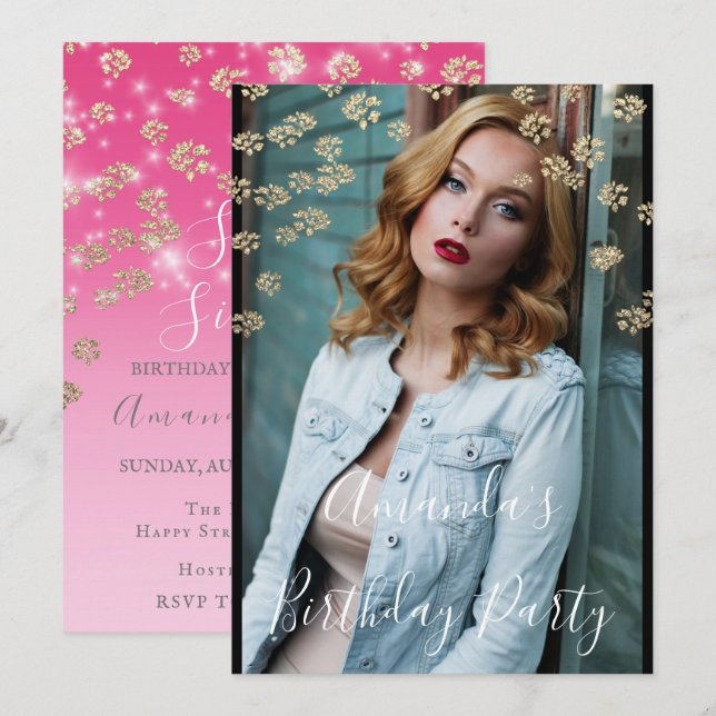 Invitación Dulce 16ª Flores Rosa Ombre Oro Foto Confetti (Anverso / Reverso)