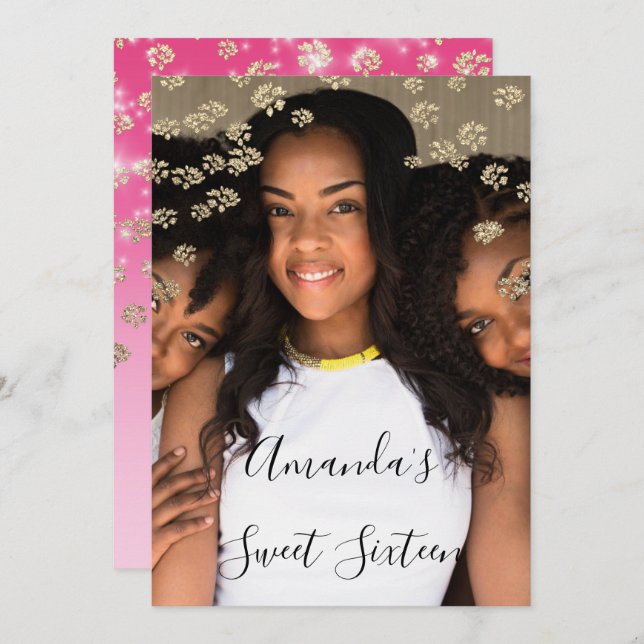 Invitación Dulce 16ª Flores Rosa Ombre Oro Foto Gris (Anverso / Reverso)