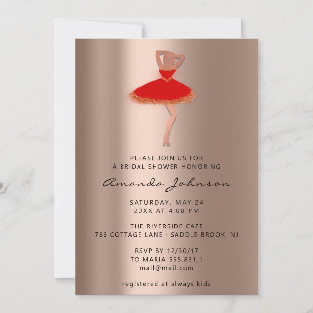Invitación Dulce 16ª Rosa de ducha de novia Vestido rojo oro (Anverso)
