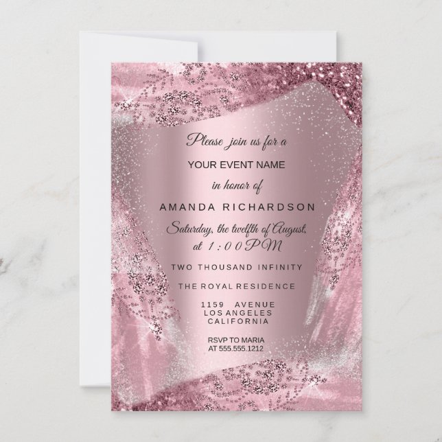 Invitación Dulce 16ª Rosa de Vestido de Diamante de Novias Qu (Anverso)
