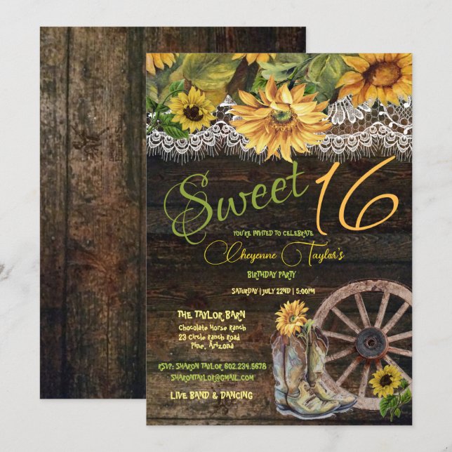 Invitación Dulce 16º cumpleaños Barn Wood Sunflowers Lace (Anverso / Reverso)