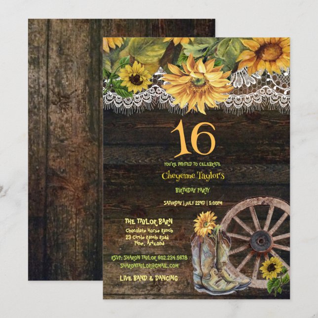Invitación Dulce 16º cumpleaños Barn Wood Sunflowers Lace Inv (Anverso / Reverso)