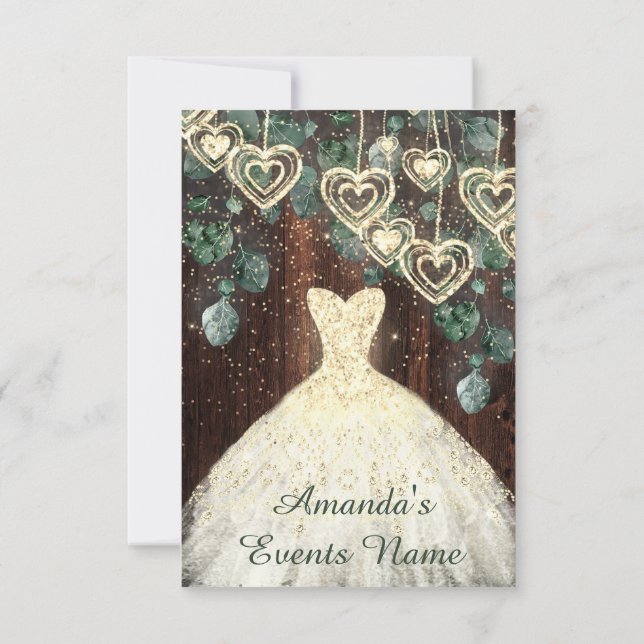 Invitación Dulce 16º cumpleaños BRIDAL Rustic Gold Hearts Con (Reverso)