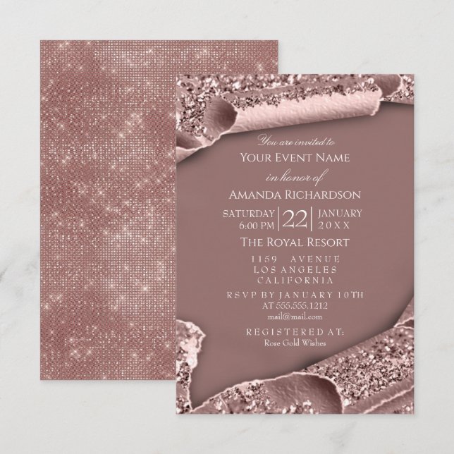 Invitación Dulce 16º cumpleaños Purpurina Rosa de la ducha de (Anverso / Reverso)